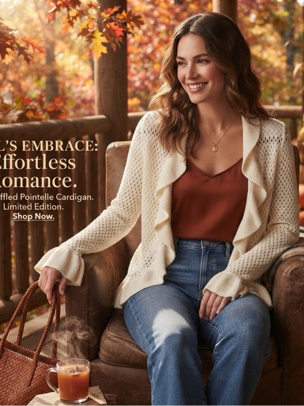 Faded Glory Cream Ruffled Pointelle Cardigan